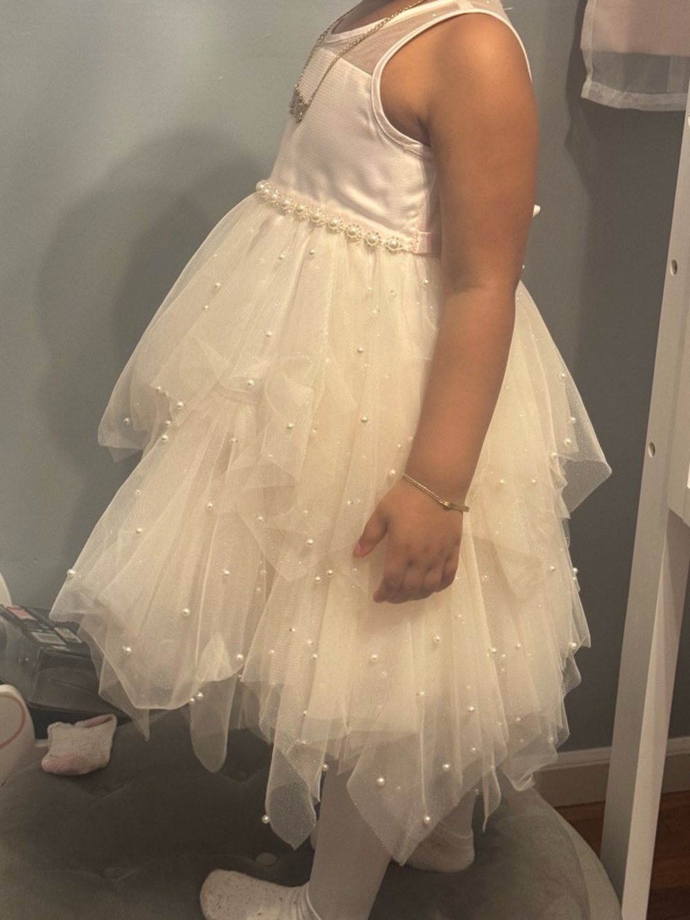 Ivory Pearl-Embellished Tulle Party Dress